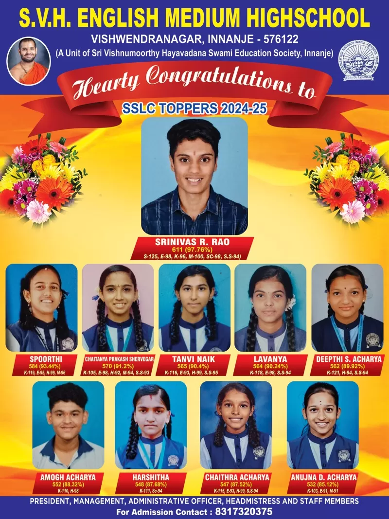 In SSLC examination 2024-25 our school has got 93.5% result. 10 distinction, 16 first class, 4 Second class.  Master Shrinivas R Rao  secured 97.76% and stood first in the school and Kumari Spoorthi secured 93.44% and stood second in the school.Chaithanya Prakash Shervegar 91.02%,Tanvi Naik 90.04%, Lavanya 90.24%, Deepthi S Acharya 89.92%, Amogh Acharya 88.32%, Harshitha 87.68%, Chaithra Acharya 87.52%, Anujna D Acharya 85.12%.